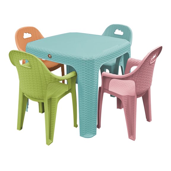 Mesa Infantil y 4 Sillas de Colores para Niños Plástico Resistente Comer Dibujar Rattan Nube Color Azul