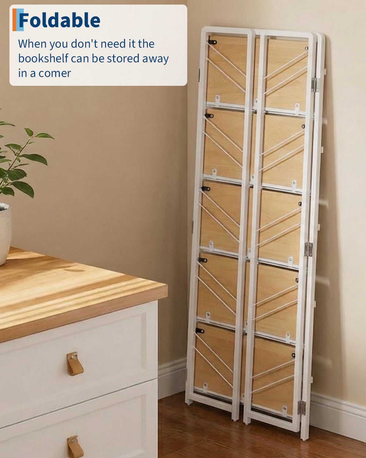 No-Assembly Bookcase,5-Tier Folding Bookshelf, Vintage Storage Shelves,Standing Racks Display Organizer for Home,Office