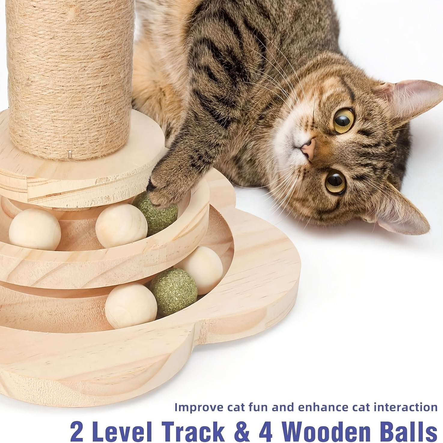 4-in-1 Indoor Cat Activity Center, Wooden Scratching Post 15.7" with Horizontal Ball Tracks, Feather Toy & Sisal Suspension Balls – Kitten & Adult Cat Toy