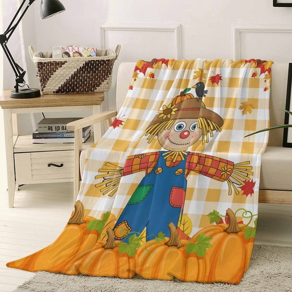 Thanksgiving Scare Crow Throw Flannel Blanket 30x40In Vintage Pumpkin Leaf Orange Plaid Super Soft Cozy Bed Blanket, Lightweight Plush Fuzzy Bed Throw for Bedroom Sofa Couch Living Room