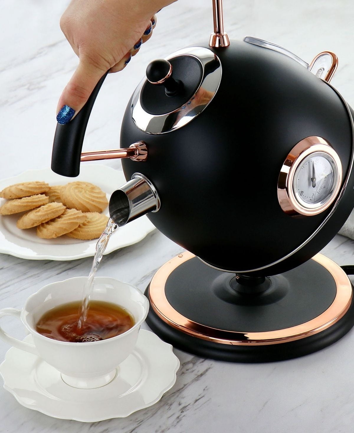 1.8 Quart Half Circle Electric Kettle with Thermostat, White with Rose Gold finish