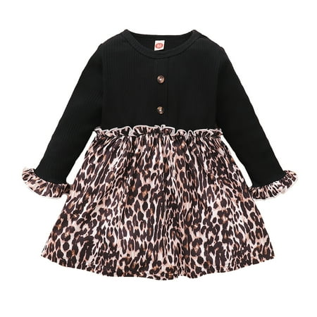 

OLLUISNEO Infant Baby Girls Dress 9 Months Winter Dress 12 Months Solid Color Long Sleeve Contrast Leopards Prints Dress Black