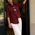 thumbnail image 4 of Omexry Plus Size Tops Women Turn Down Collar Long Sleeve Oversized Big Button Decor Casual Loose Solid Color Shirt Wine XL, 4 of 5