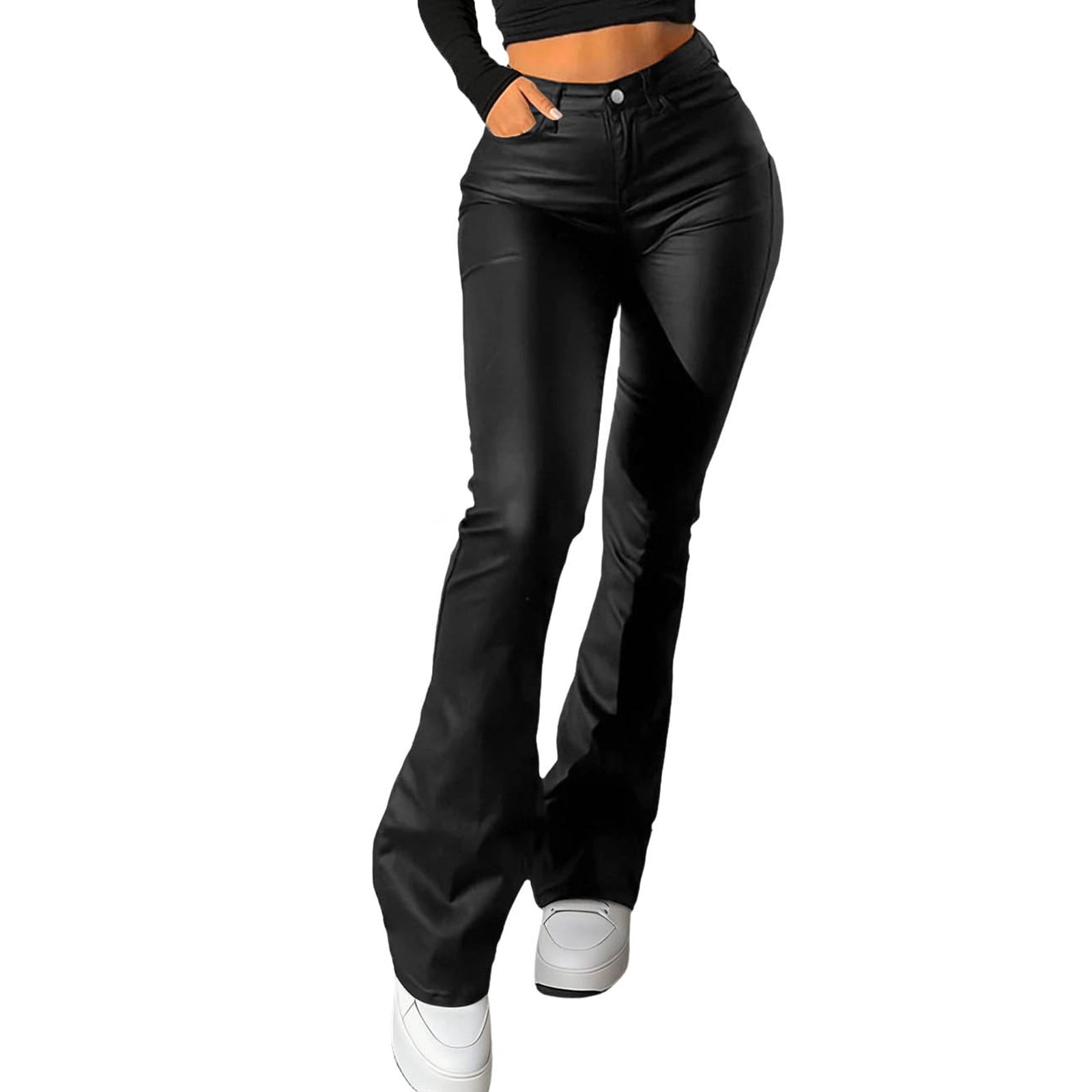 QUNYINEY Tummy Control Leggings for Women Plus Size Faux Leather Casual Black Jegging Skinny Flare with Pockets Leggings