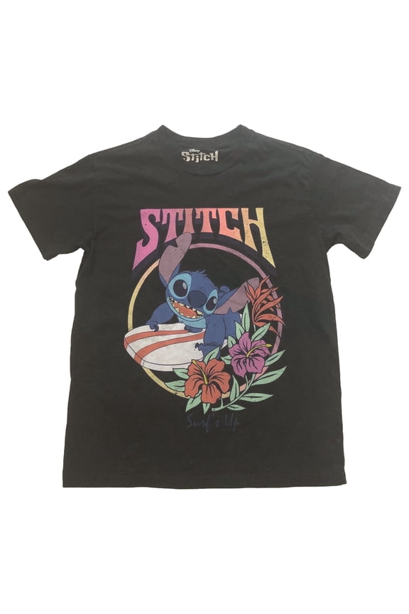 Womens Jrs Black Floral Stitch Surfs Up T-Shirt Tee Shirt Large