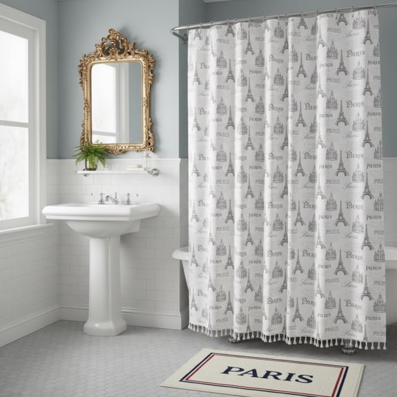 Serafina Home Paris Fabric Shower Curtain: Antique Style Paris Typography Grey White Eiffel Tower Toile Design with Fringe (Eiffel Paris)