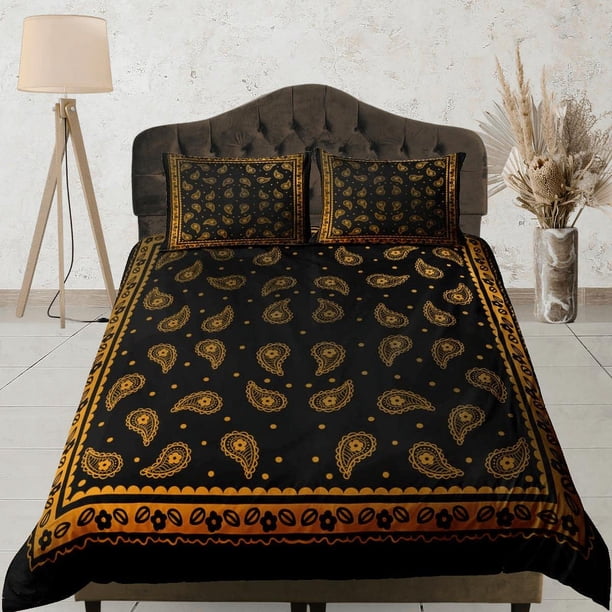 Negro naranja bandana paisley juego de funda nórdica, juego de cama decoración de la habitación estética