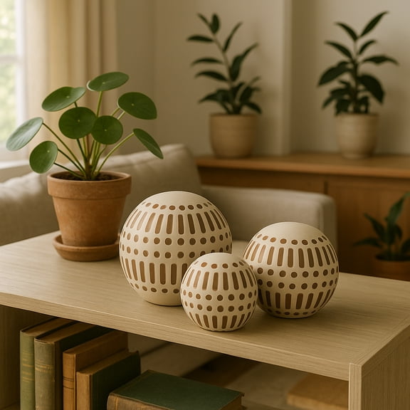 Decorative Ceramic Orbs for Home Decor - Coastal Inspired Sphere for Office Desk and Tabletop Decor - Casual Accent for Living Room, Bedroom, and Shelf Display - 6", 5", 4", Brown & White