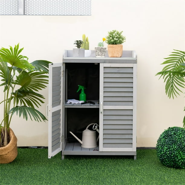 Costway Caseta de Jardín de Madera Gabinete de Almacenamiento Exterior 2 Estantes Puerta Caseta de Herramientas Impermeable 67 x 47 x 100 cm Gris