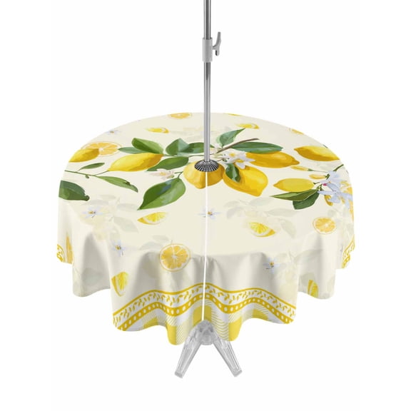 Outdoor Tablecloth with Umbrella Hole Zipper Yellow Lemons Round Tablecloth 54" Waterproof Outside Table Cloth Summer Botanical Checkered Farmhouse Patio Table Cover Tablecloths for Picnic Party