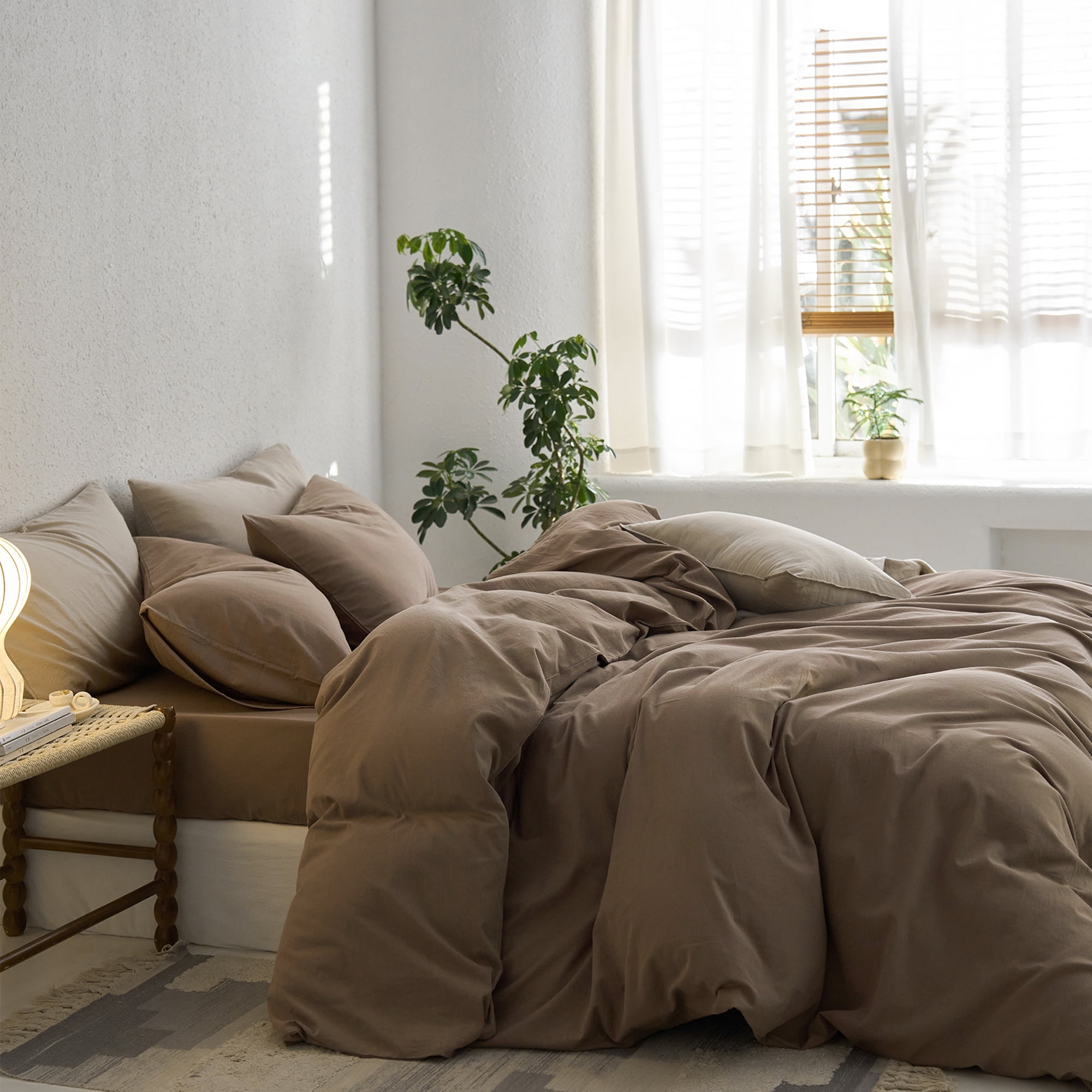 MooMee Duvet Cover Set Queen 100% Washed Cotton Twill Ultra-Soft Breathable Linen Like 3-Piece (Bombay Brown, 90"x90")
