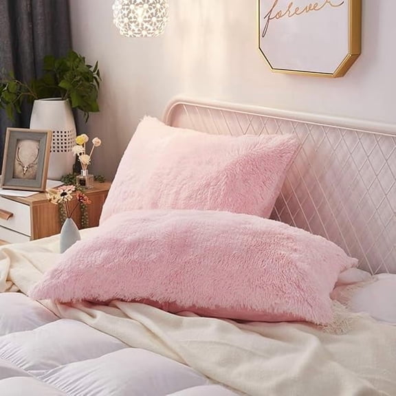 1997 Set of 2 Standard Queen Faux Fur Throw Pillow Covers Soft Velvet Decorative Pillowcases Zipper Closure(20 x 26 Inches Pink)