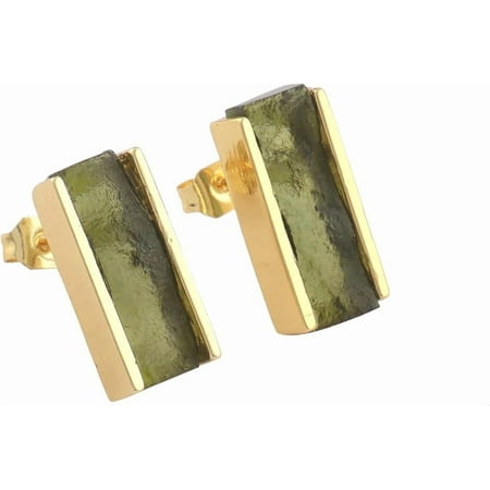 Zeva Jewels Natural Moldavite Bar Stud Earrings, 18K Gold Plated Brass, Raw Green Stone Minimalist Earrings with Push Back Closure