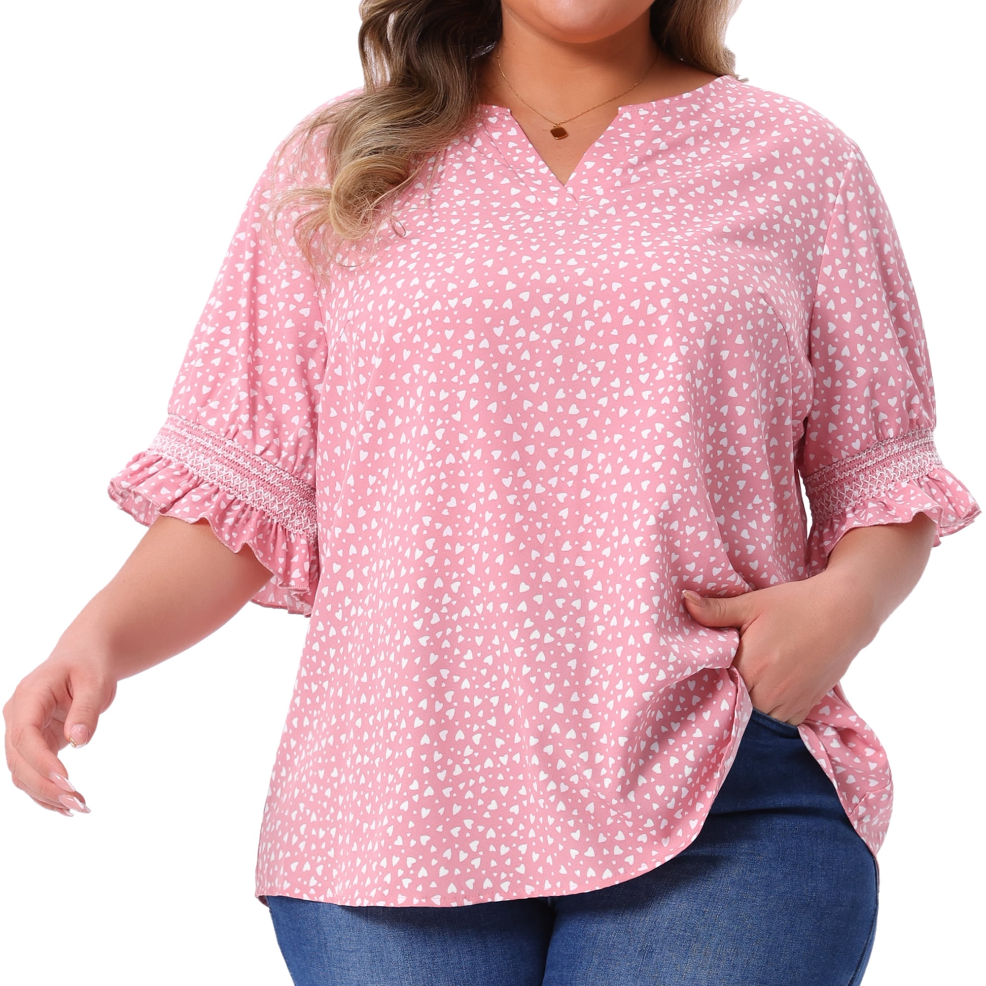 DARING DIVA Women's Plus Size Dots Heart Smocked Short Sleeve Blouse 2X Pink