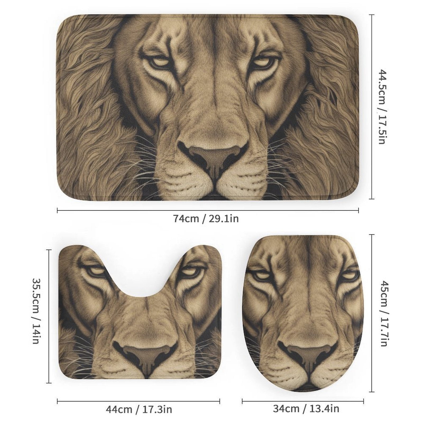 Lion Fur Pattern 4 Pcs Bathroom Shower Curtain Set, Bathroom Sets with Rugs (Bath Mat, U Shape and Toilet Lid Cover Mat) and 12 Hooks,