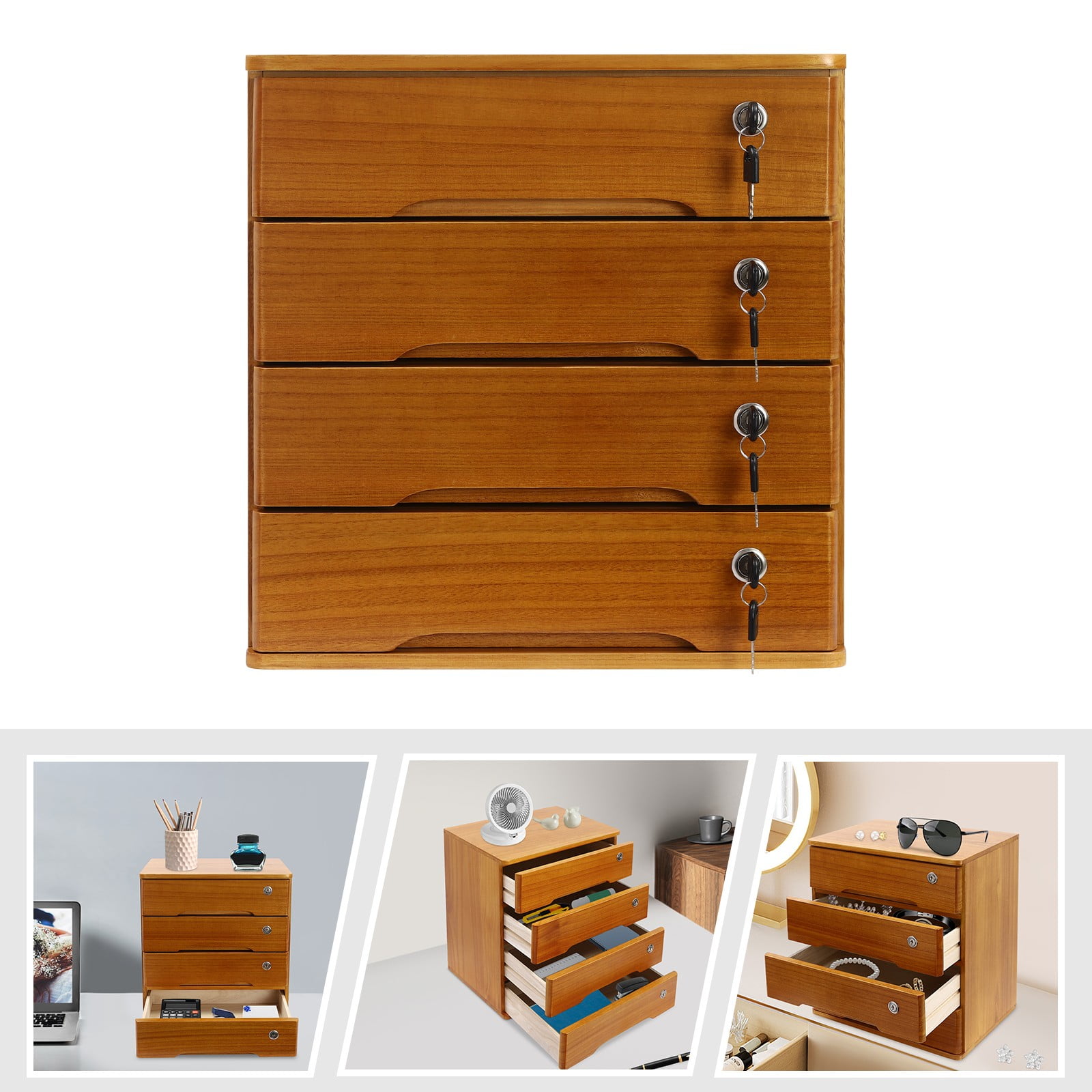 4 Tier Wooden Desktop Storage Box with Lockable Drawers, Office Supplies File Organizer, Art Storage Cabinets, Multipurpose Tool Box for Home Office(Wood Yellow)