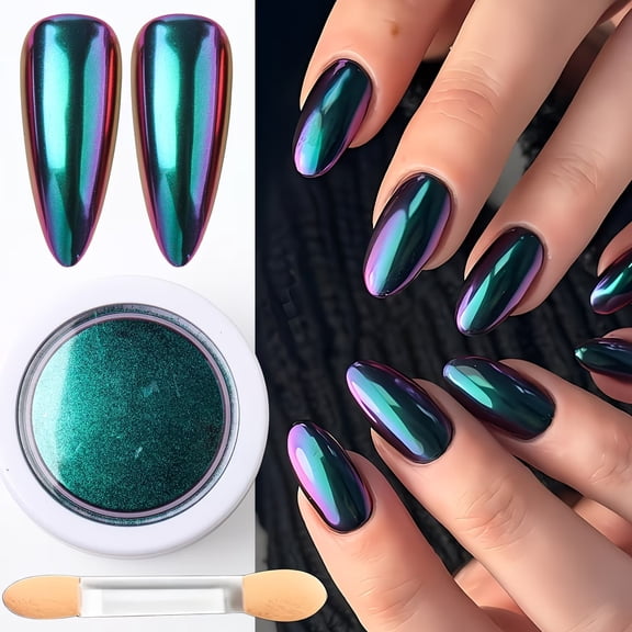 Emerald Chrome Nail Powder with Brush for Stunning Mirror Effect
