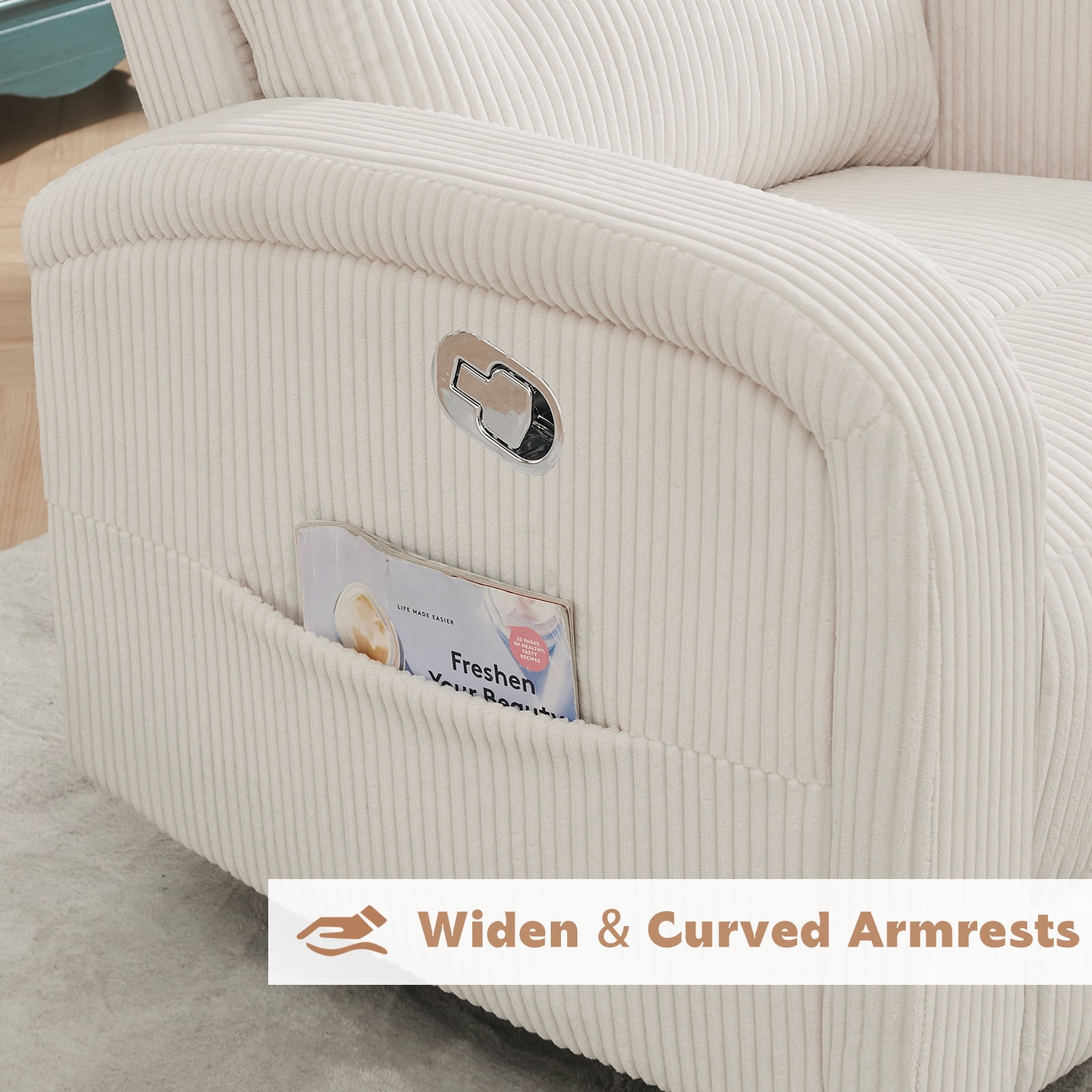 BaseBeauty Swivel Rocker Recliner Manual, Corduroy Nursery Recliner Glider Chair, Swivel Glider Recliner with Double Pockets, White