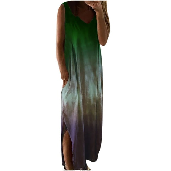 Womens Tie-dye Split Maxi Dresses Casual Summer Sleevesless Loose Long Maxi Tunic Tank Dress Boho Beach Swing Sundress