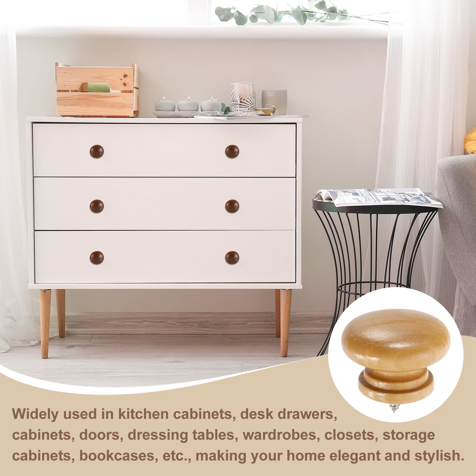 Uxcell 8 Pack Round Wood Drawer Knob, 1.54" x 1.06" Self-Tapping Solid Wood Handle Round Cabinet Knob Mushroom Shape Wooden Knobs for Furniture Dresser Wardrobe, Wood Color