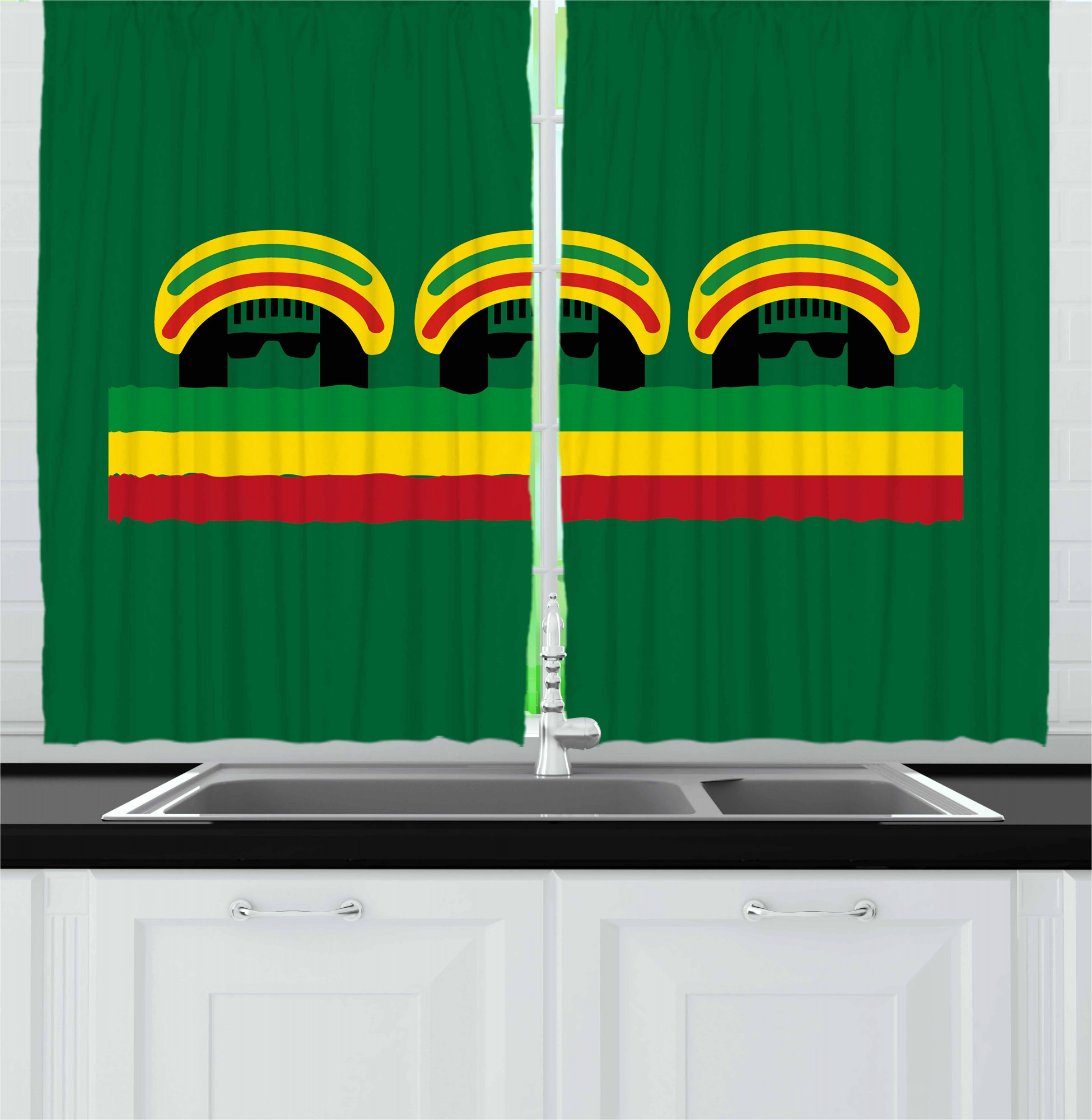 Jamaican Kitchen Curtains, Jamaican Reggae Culture Inspired Minimal Head Shapes with Hats