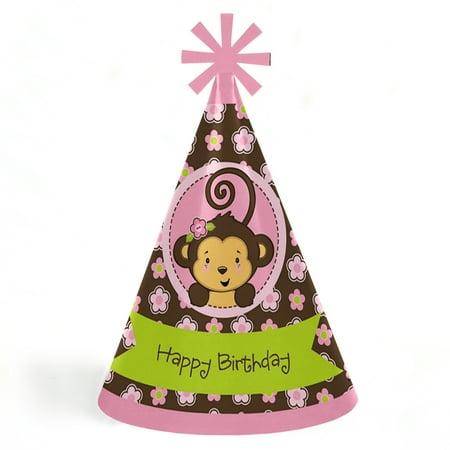 Happy Monkey - Monkey Girl - Cone Happy Birthday Party Hats for Kids and Adults - Set of 8 (Standard Size)
