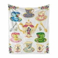 thumbnail image 1 of Tea Party Soft Flannel Fleece Blanket, Selection of Vivid Colored Teacups Pot Sugar and Floral Arrangements in Corners, Cozy Plush for Indoor and Outdoor Use, 60" x 80", Multicolor, by Ambesonne, 1 of 6