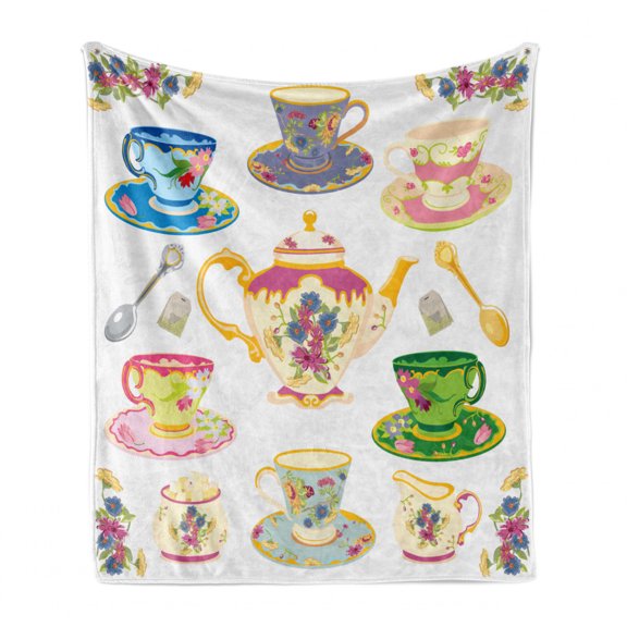 Tea Party Soft Flannel Fleece Blanket, Selection of Vivid Colored Teacups Pot Sugar and Floral Arrangements in Corners, Cozy Plush for Indoor and Outdoor Use, 60" x 80", Multicolor, by Ambesonne