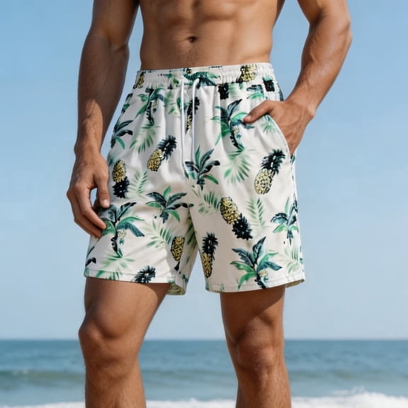 TKKCS Mens Graphic Swim Trunks- Lightweight Elastic Waist Drawstring Quick Dry Casual Vacation Breathable Beach Board Shorts White Size XL