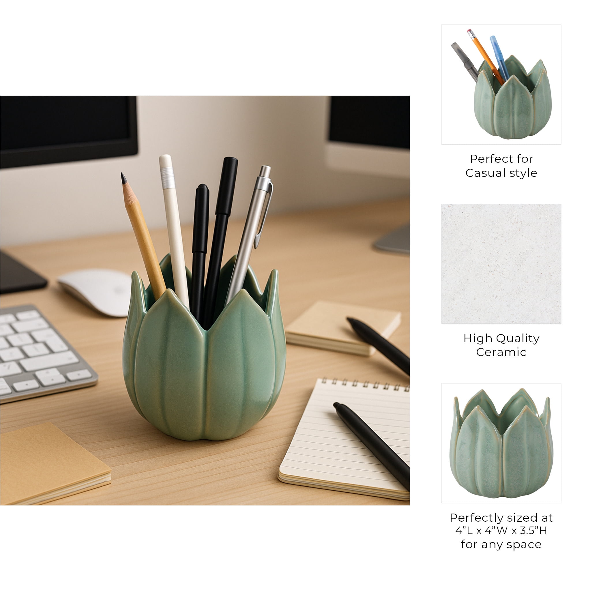 Decorative Ceramic Tulip Desk Organizer for Home Decor - Cute Office Accessory Decor for Small Desk Storage or Workspace Supplies - Stylish Destop Organizer for Bedroom or Bathroom - 4", Green