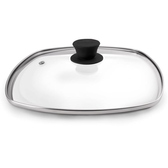 Square Glass Lid for Grill Pans with Steam Vent Hole - 10.5"-inch/26.67cm - Fits Lodge Cast Iron - Fully Assembled Universal Replacement Cover - Tempered and Oven Safe - Reinforced Stainless Steel Rim