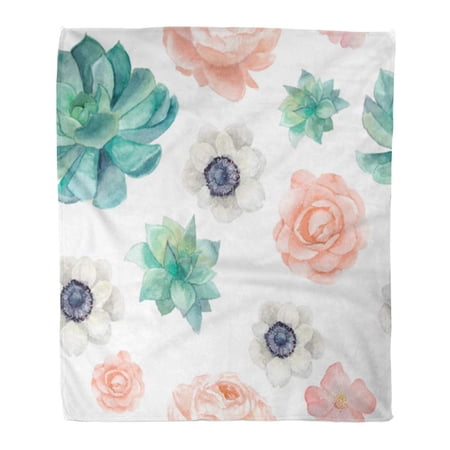 SIDONKU Throw Blanket Warm Cozy Print Flannel Watercolor Succulents and Flowers Vintage Pastel Peony Roses Anemones Hip Comfortable Soft for Bed Sofa and Couch 58x80 Inches
