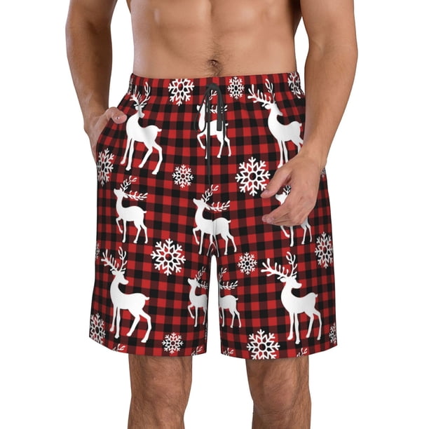 Fotbe Plaid Reindeer Snowflakes Trajes de Baño Estampados para Hombre, Shorts de Verano de Secado Rápido, Ropa de Playa, Bañadores-3X-Large