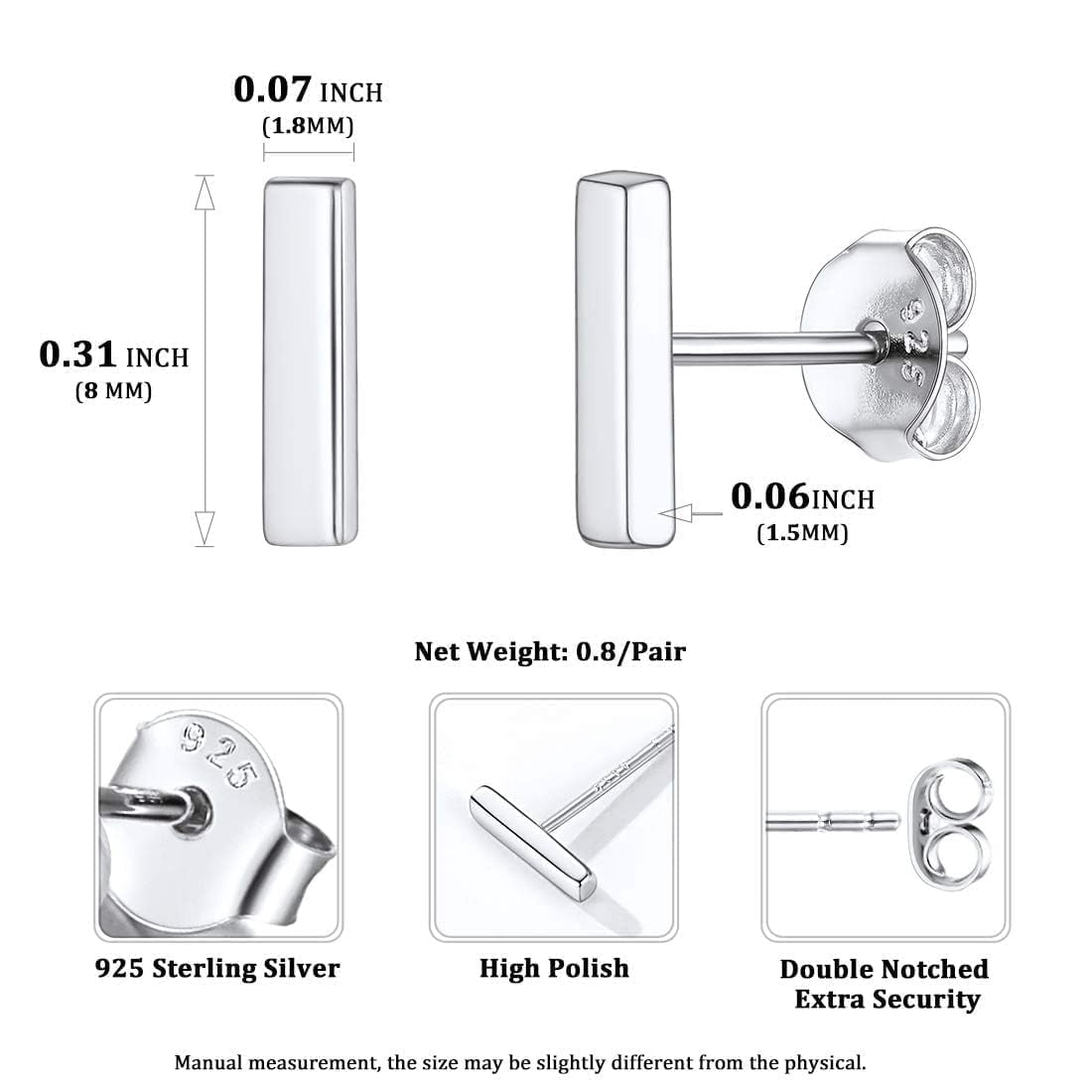 ChicSilver Bar Earrings for Women Men 925 Sterling Silver Ear Studs Ladies Simple Stud Earrings Hypoallergenic Jewelry Gift