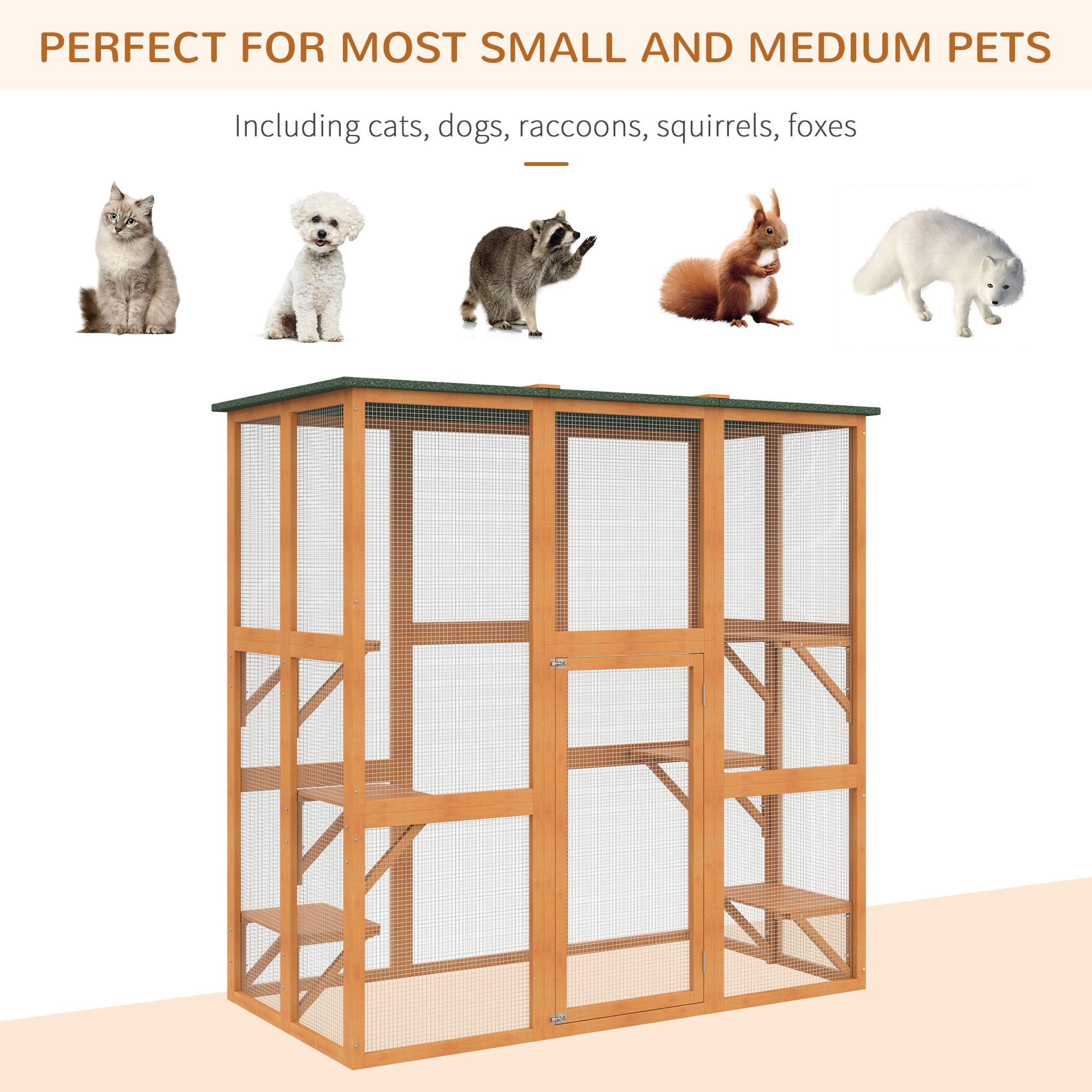 Wooden Outdoor Cat House Large Catio Enclosure for Multiple Cats, Spacious Interior with 6 High Ledges, Weatherproof Asphalt Roof, Durable Fir Wood Construction, 71 Inch Length, Orange