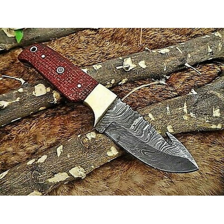 8 Red Damascus steel gut hook blade Skinning pocket knife with Leather sheath