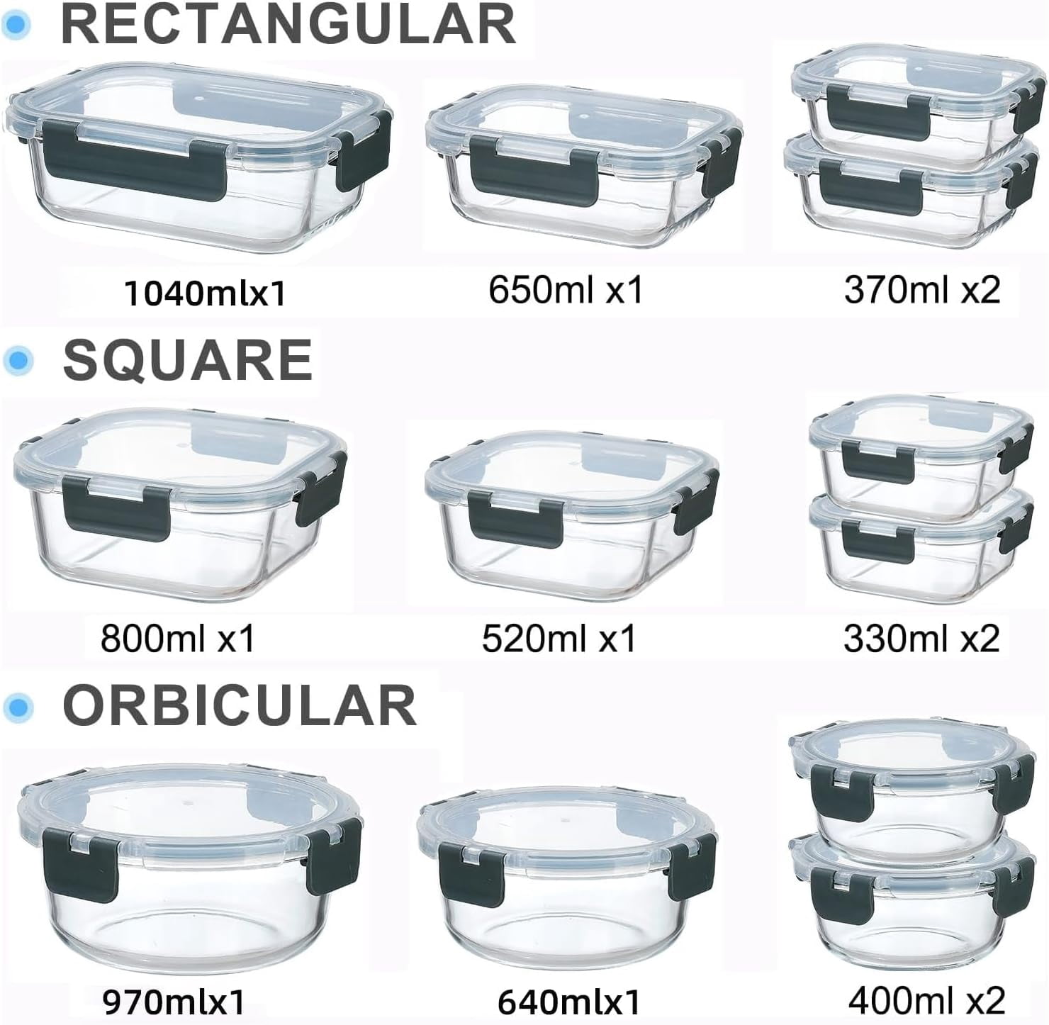 stusgo 12 Pcs Glass Storage Containers with Lids, Reusable for Kitchen Organization (12 Pcs,Gray)
