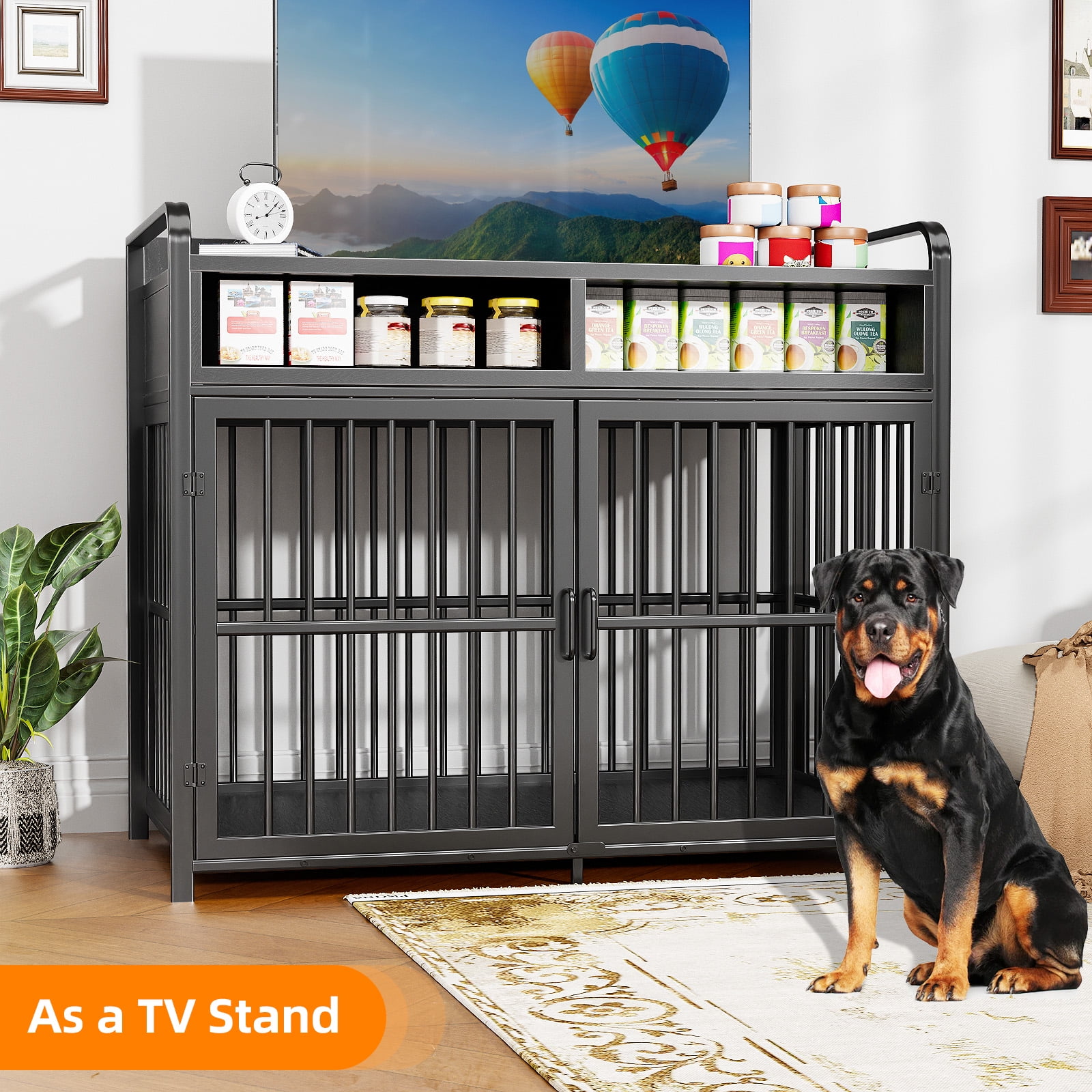 ModFurne Large Dog Crate Furniture with Drawers Storage, Puppy Dog Kennel Indoor with Double Doors, Black