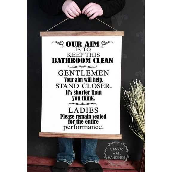 Wood, Canvas Sign Funny Bathroom Quote Wall Hanging Home Décor Art Print, Aim to Keep Bathroom Clean Gentlemen Ladies Words, 19x24-Inch