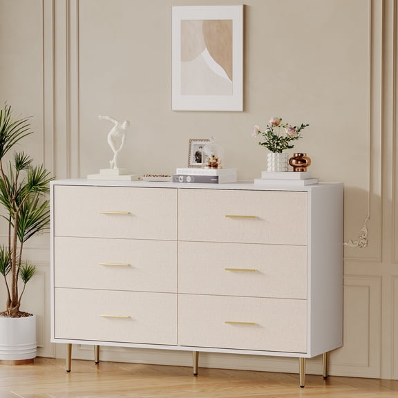 Elegant 3-Drawer White Dresser with Gold Handles and Legs, Wooden Nightstand with Linen-Textured Surface, Modern White Chest of Drawers, Narrow Accent Cabinet End Table for Living Room, Bedroom