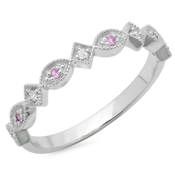 Dazzlingrock Collection 14K Round Pink Sapphire & Diamond Ladies Vintage Style Stackable Wedding Band, White Gold, Size 4