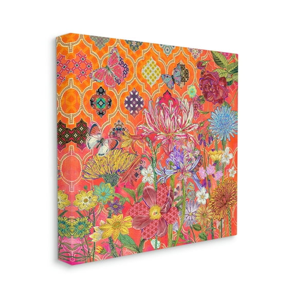 Warm Arabesque Geometric Pattern Vibrant Florals Botanical & Floral Gallery-Wrapped Canvas Print Wall Art, 17x17