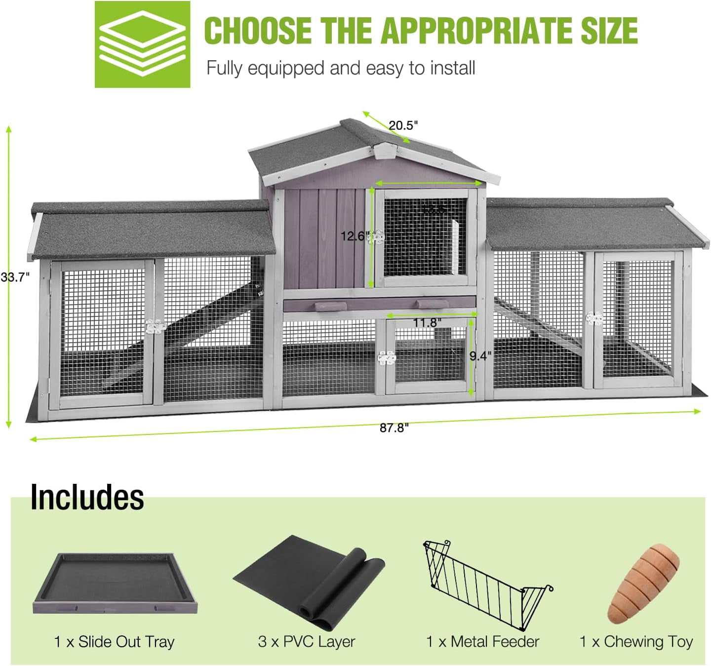 BUTINGLALE Rabbit Hutch Outdoor Large Chicken Coop with Cleaning Tray and Waterproof Roof Wooden Bunny Hutch PVC Floor Bottom for Small and Medium Bunny Rabbit Chick 87.8" L