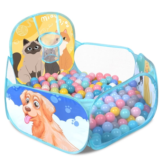Willingheart Kids Ball Pit Large Pop Up Childrens Ball Pits Tent for Toddlers Playhouse Baby Crawl Playpen with Basketball Hoop, 4 Ft/120CM, Balls Not Included(Dog and cat)