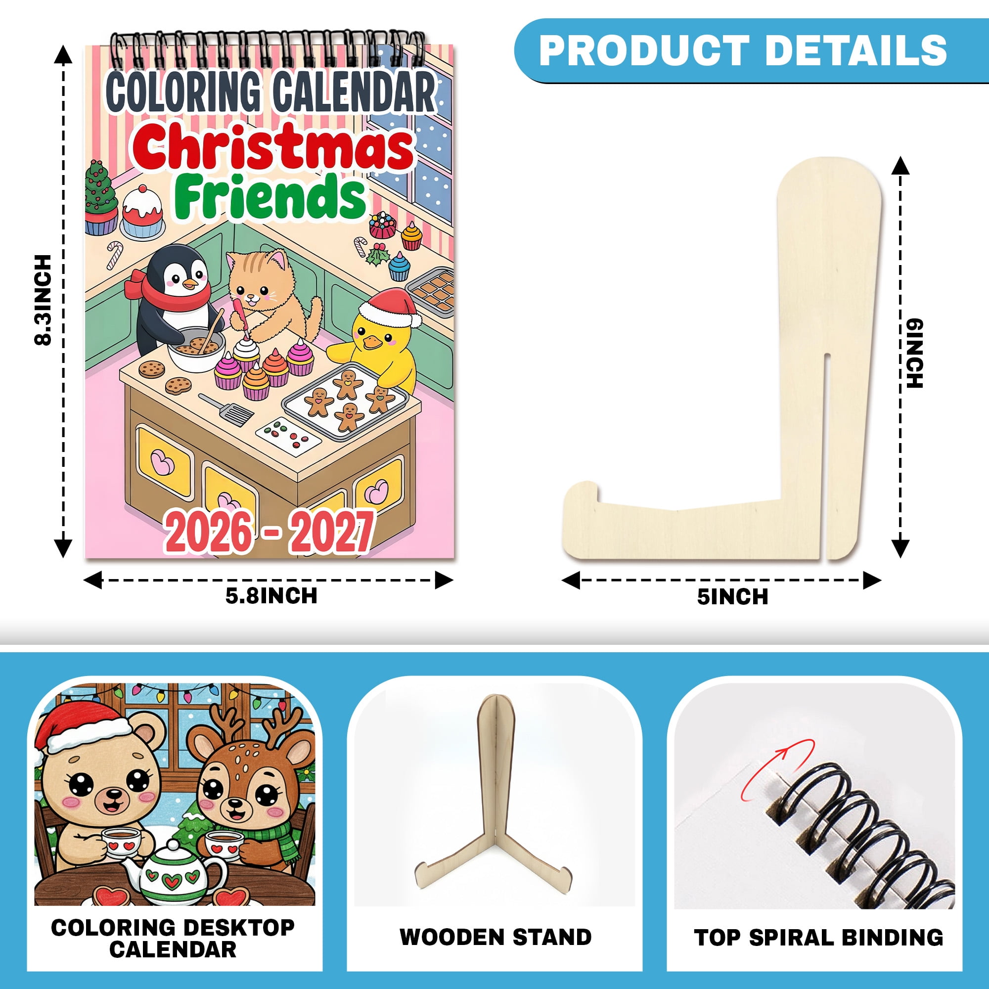 Christmas Friends Coloring Desk Calendar 2026–2027, A5 Wooden Cover Planner with 26 Easy Coloring Pages for Adult Relaxation, 24 Month Desktop Calendar with Stand, Gift for Family & Friends