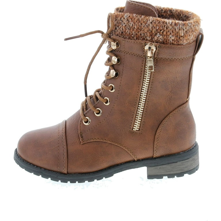Link Mango 31 Kids Round Toe Military Lace Up Knit Ankle Cuff Low Heel Combat Boots Tan 9 Walmart