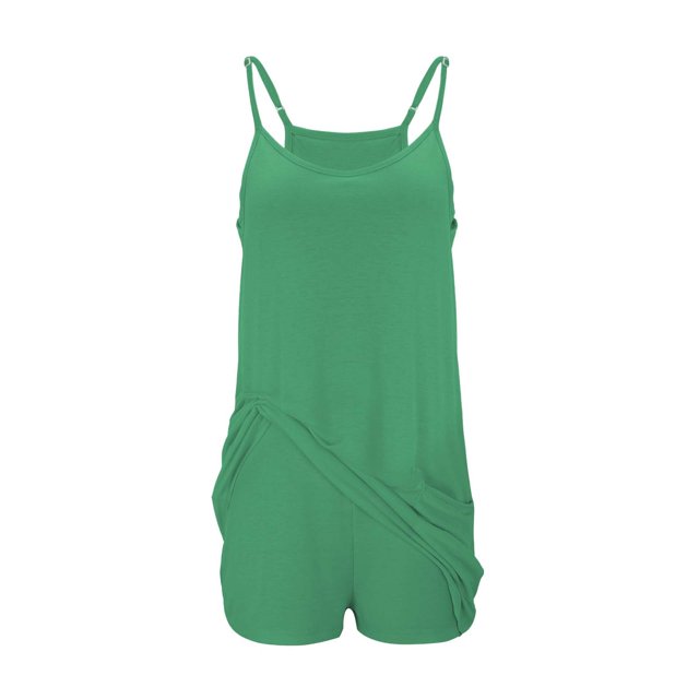 Yigetop Robe Athlétique avec Shorts! Combinaison-Short Décontractée Élégante Unie pour Femme à Double Poche avec Bretelles Réglables, Vert P