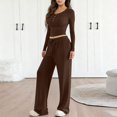 thumbnail image 2 of OIOLOYJM Two Piece Sets for Women Flowy Dressy Lounge Set Fashion Long Sleeve Cropped Tops Wide Leg Drawstring Pants Casual Outfits Spring Summer Vacation Travel Tracksuit Coffee S, 2 of 4