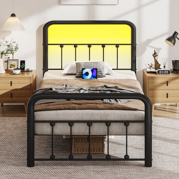 Lifezone Twin Bed Frame, Classic Metal Platform Bed Frame, with Charging Station and LED, No Need for Springs, Black