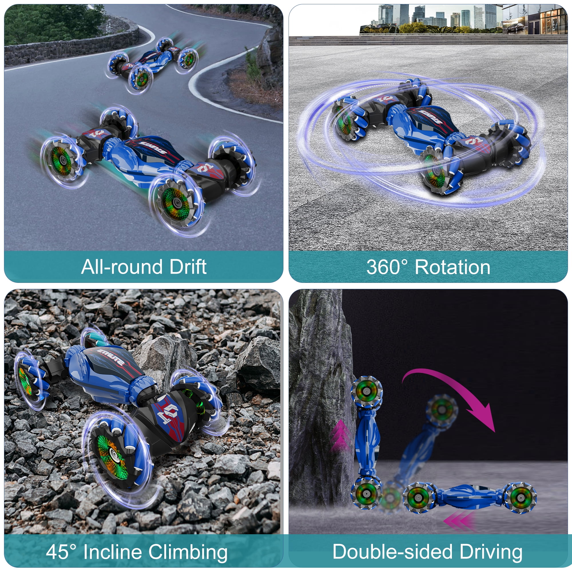 Remote Control Cars RC Stunt Car Toys for 8-12 Year Old Boys, UUGEE 2.4Ghz 1:14 4WD Gesture Sensing Transform Drift Car with Light & Music, Christmas Birthday Gifts for Kids- Blue